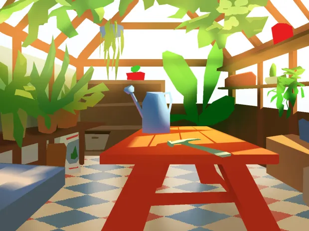 Concept art of a cozy table in a greenhouse.