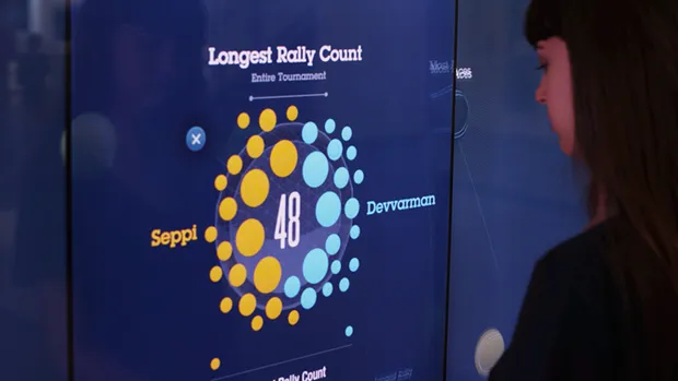 A woman looking at a data visualization of a tennis match.