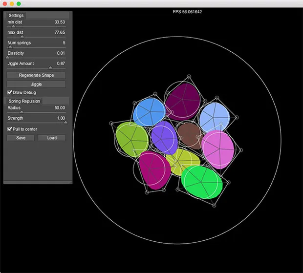 A debug view of software showing many colored blobs together.