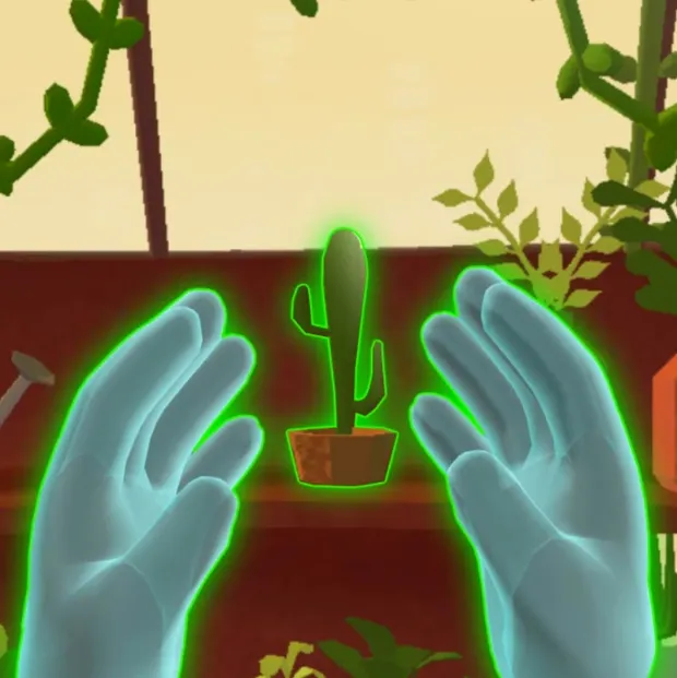 Glowing ghost hands framing a glowing cactus.